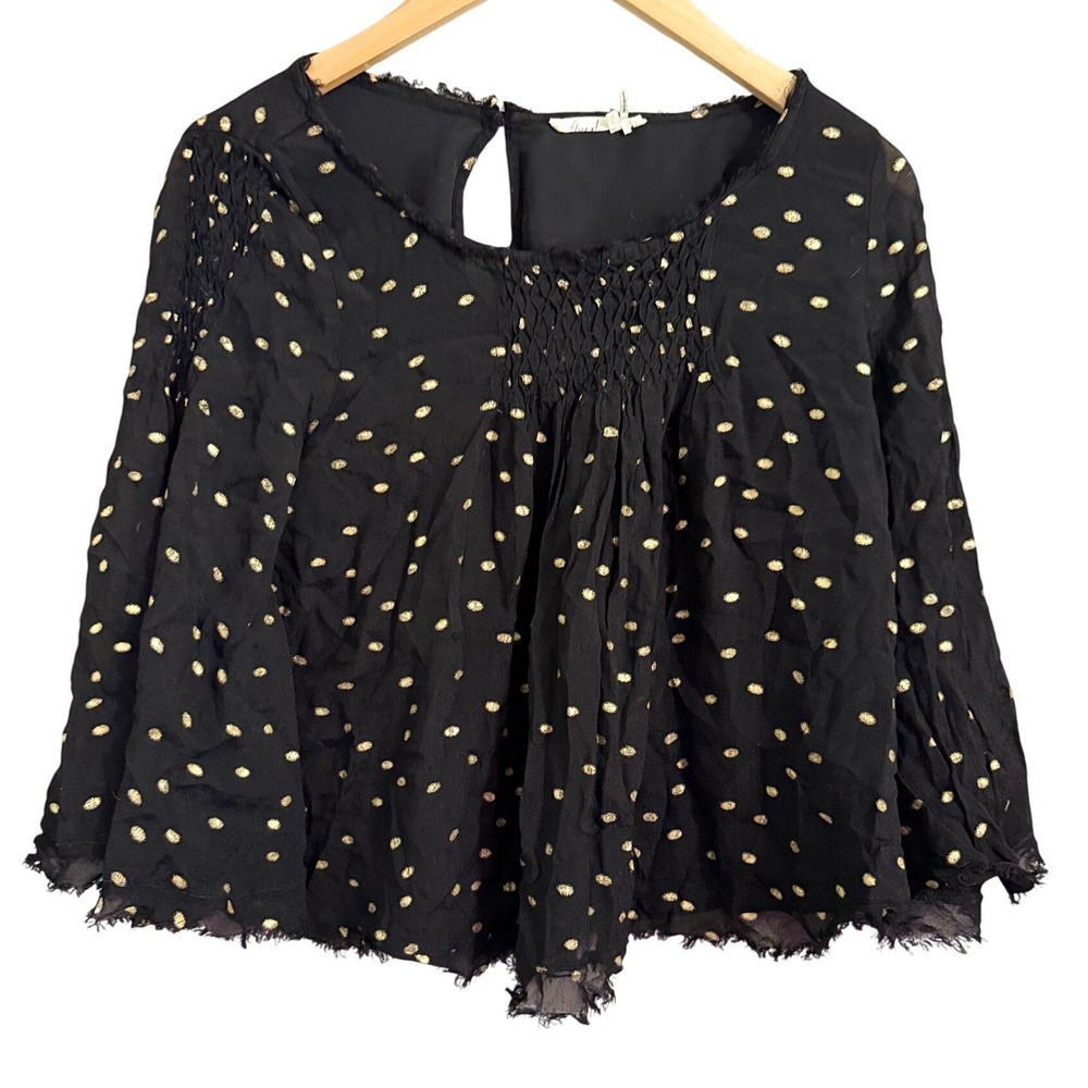 Anthropologie Floreat Black Gold Polka Dot Blouse Top Boho Fringe Smocked Size S